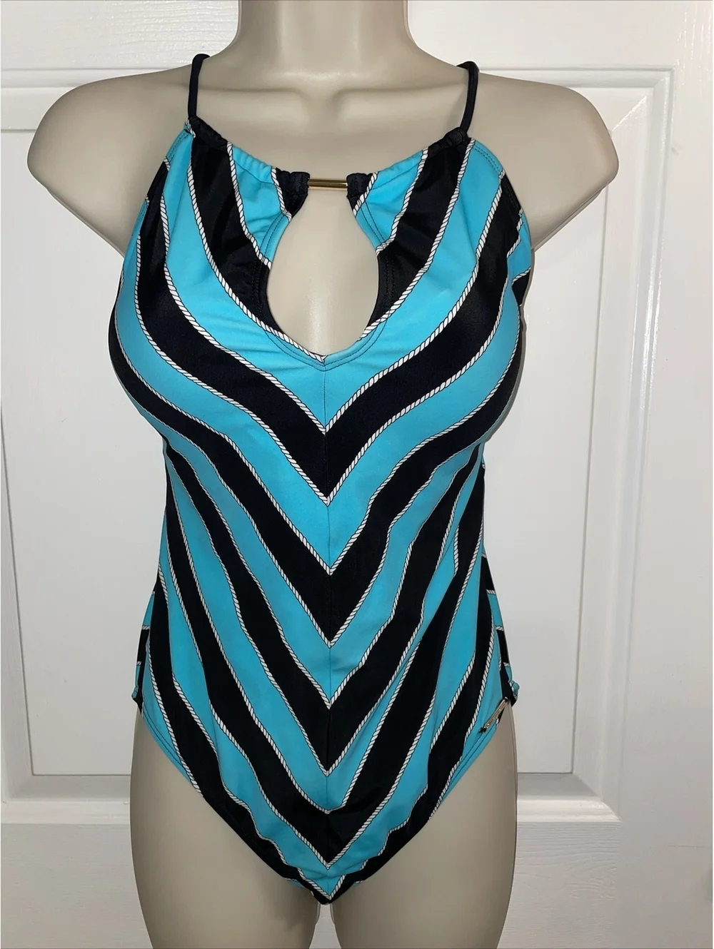 Michael michael kors one piece Halter swimsuit Blue/Black Cruise Size 10 Keyhole